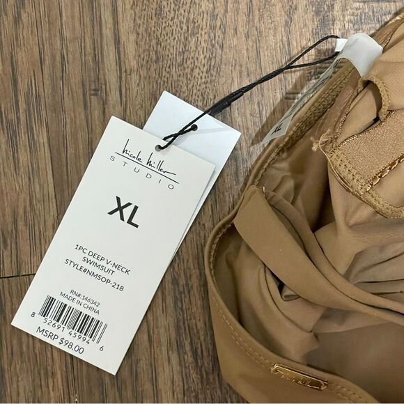 NWT Nicole Miller One Piece Deep VNeck With Sash Swim Suit Tan Size XL - Picture 9 of 11